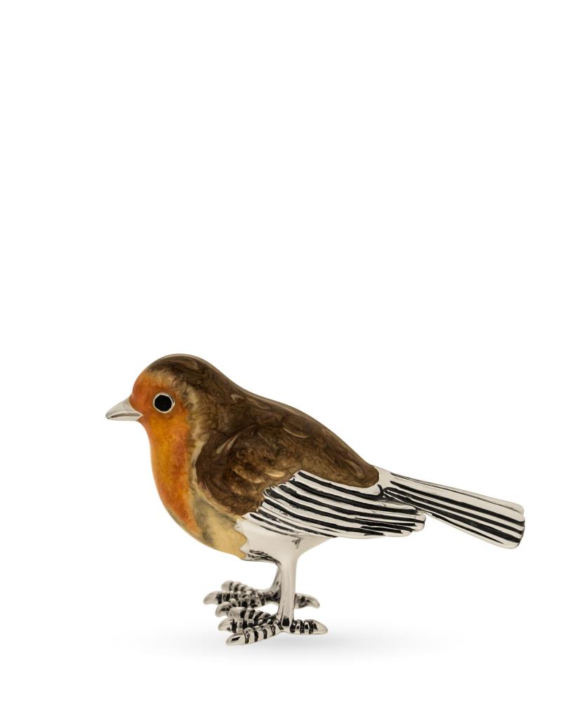 Medium robin with turned head ornament in silver and enamel - SATURNO