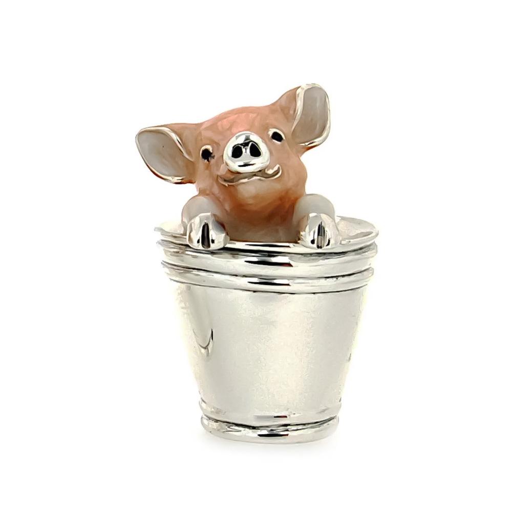 Enamel Pig in the Bucket silver ornament Saturno ST123-2 - SATURNO