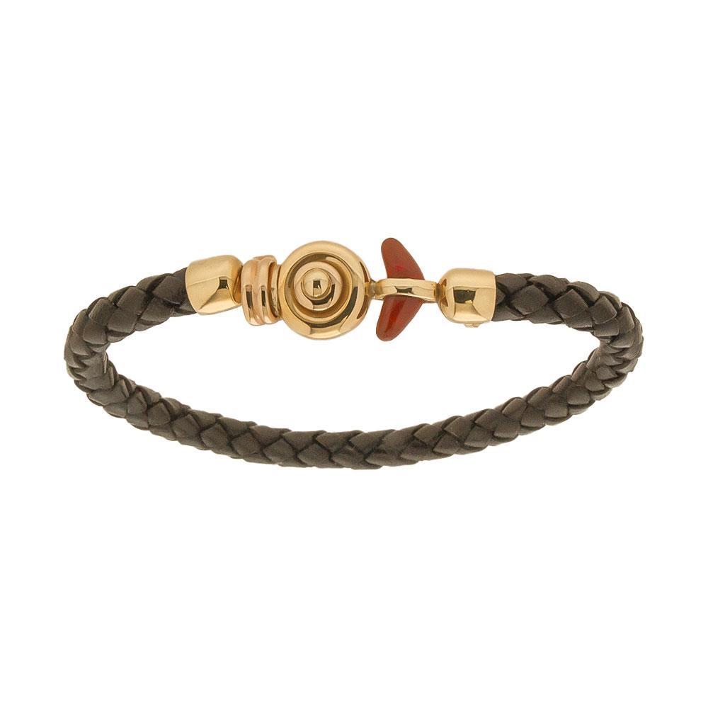 Bracciale da uomo in oro giallo con smalto rosso e cordone in pelle - LA NOUVELLE BAGUE