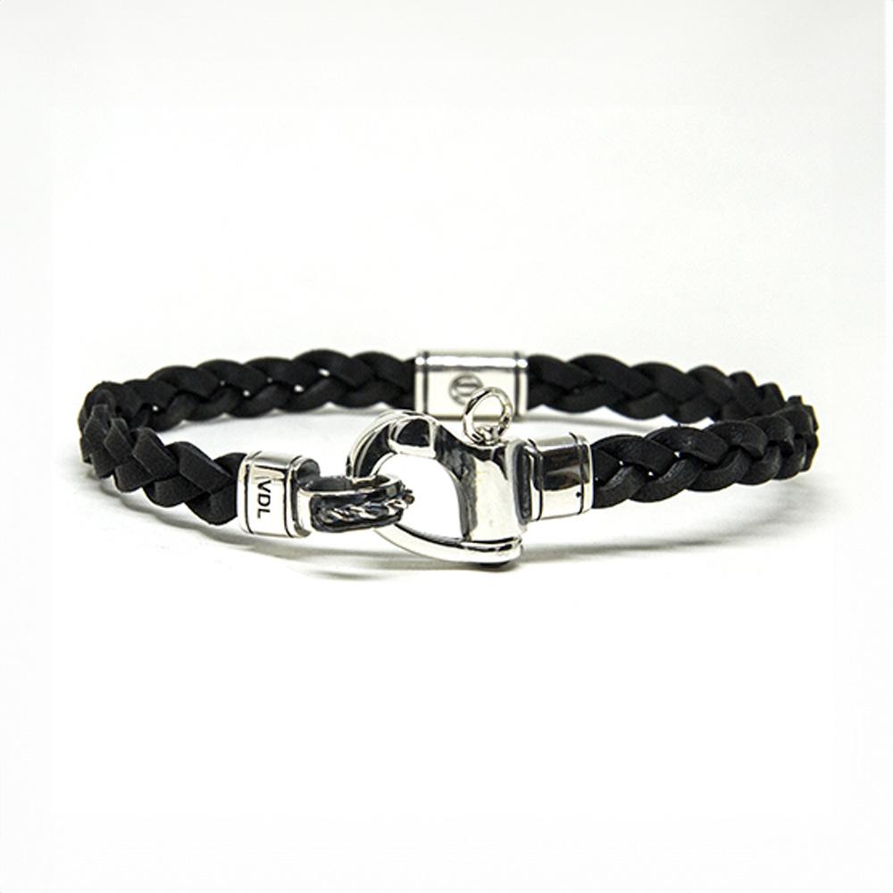 925 silver carabiner bracelet and leather braid - VALENTINO DI LEONARDO