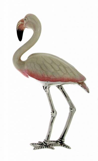 White and pink flamingo ornament in silver and enamel M size - SATURNO