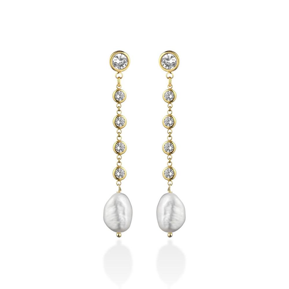 Gold silver earrings white zircons white pearls - GLAMOUR