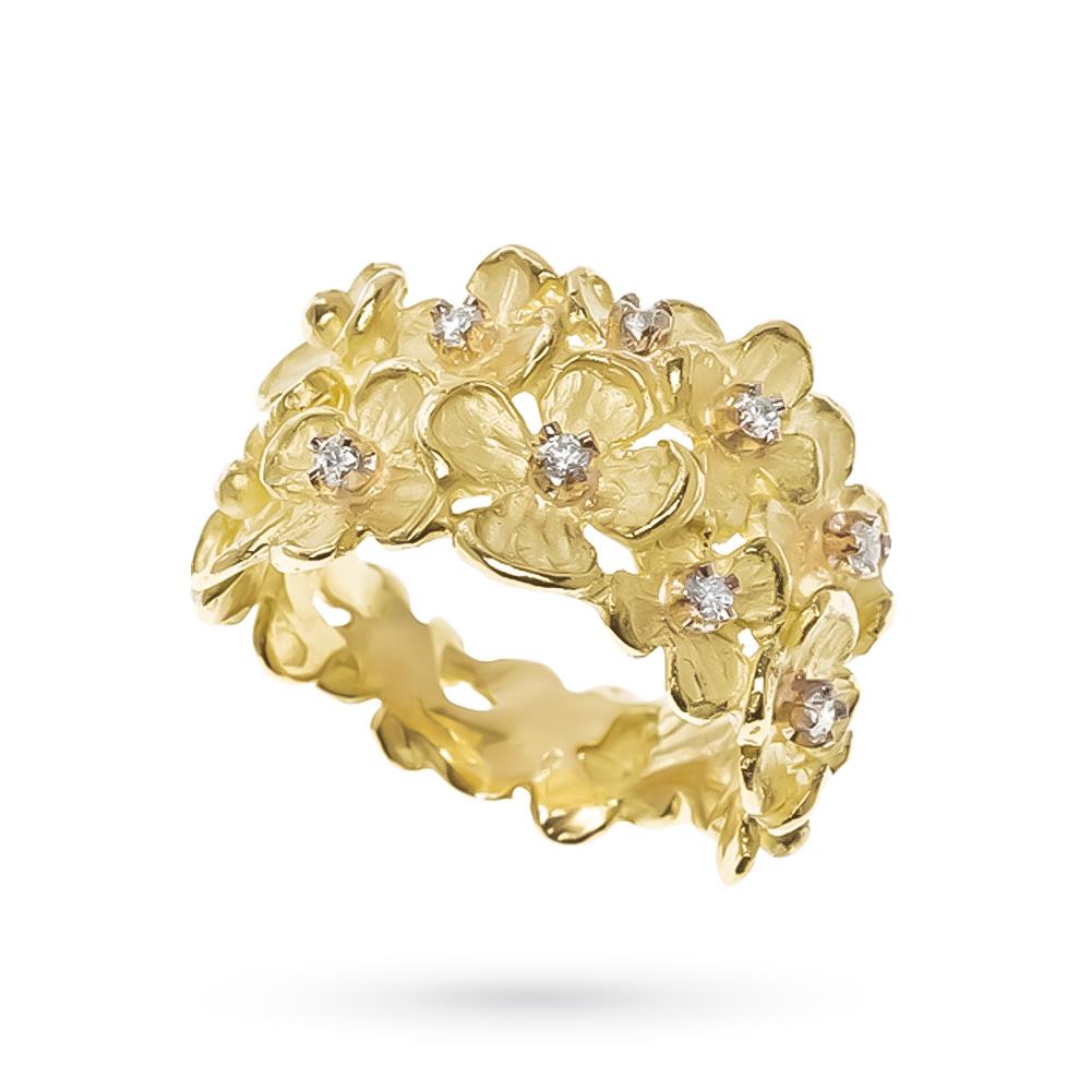 Band ring 2 rows gold flowers diamonds 0.16ct Luigi Quaglia - QUAGLIA