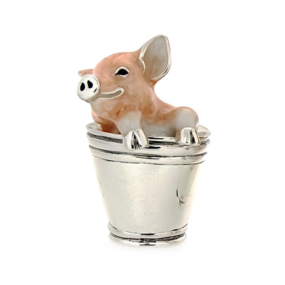 Enamel Pig in the Bucket silver ornament Saturno ST123-1 - SATURNO