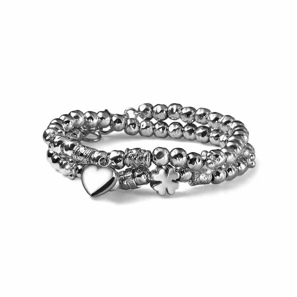 Silver bracelet 2 turns heart and four-leaf clover 36+3 cm - MARIA CRISTINA STERLING