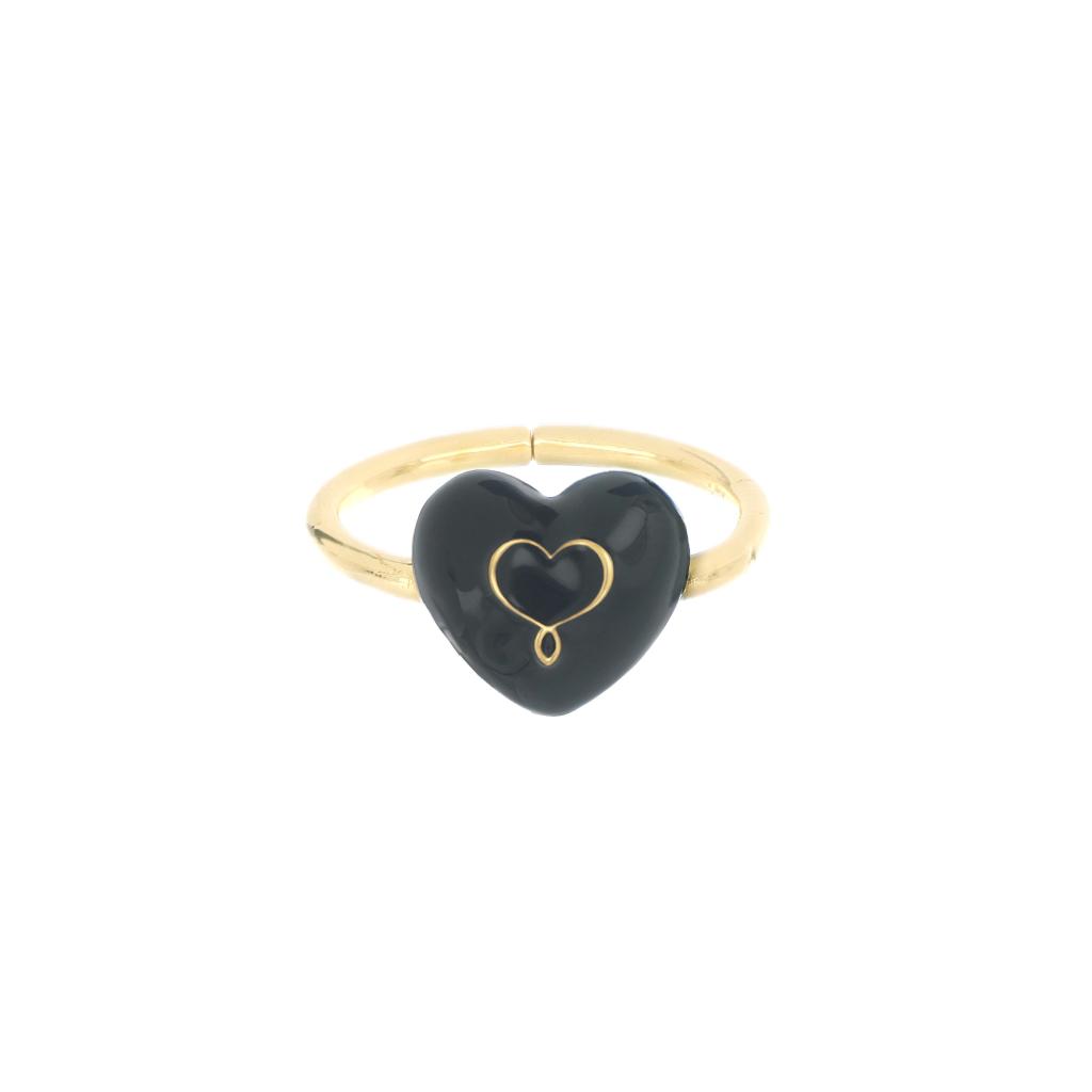 Adjustable ring heart black enamel logo Maman et Sophie ANBNT2GI - MAMAN ET SOPHIE