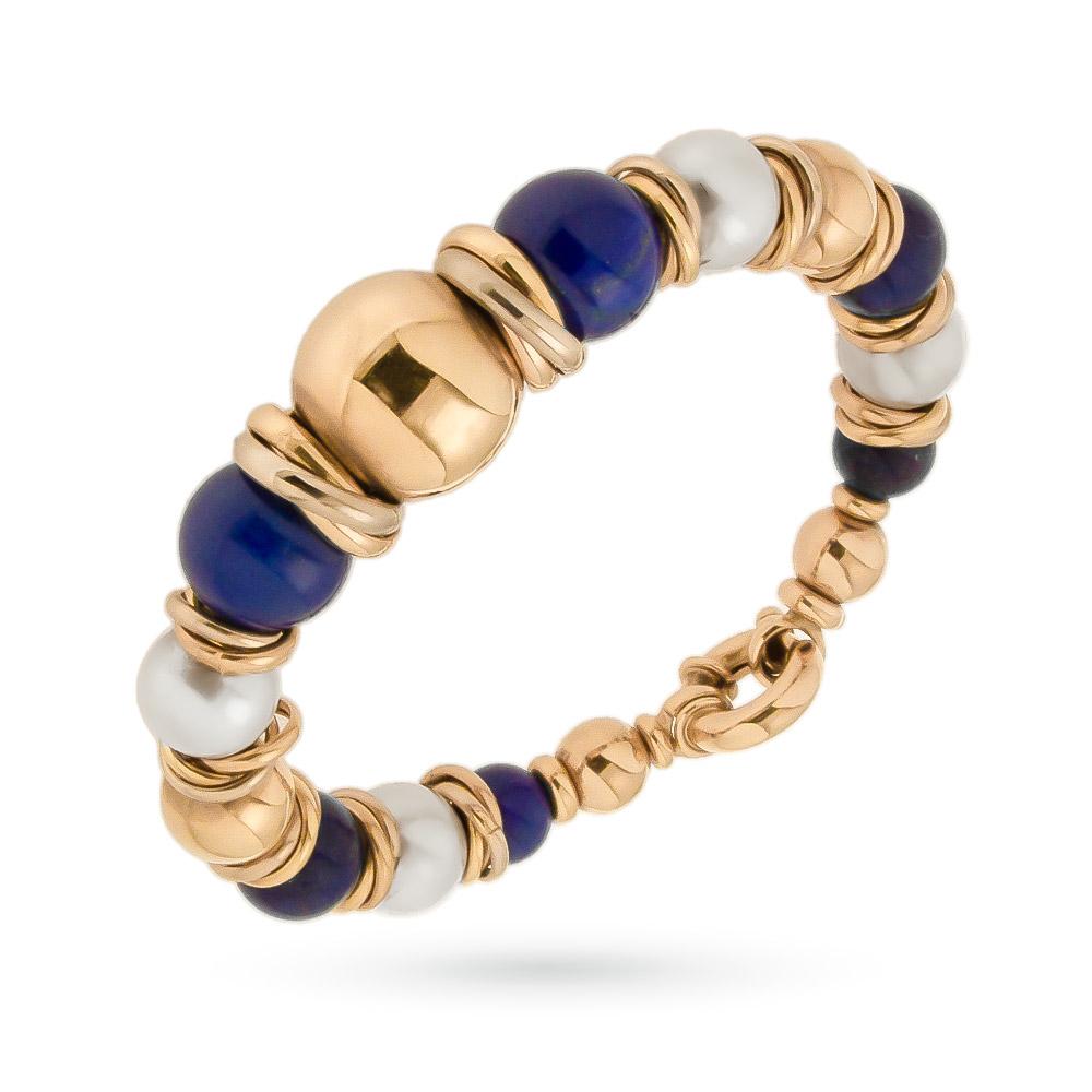 Yellow gold rigid bracelet with lapis lazuli spheres and pearls - LUSSO ITALIANO