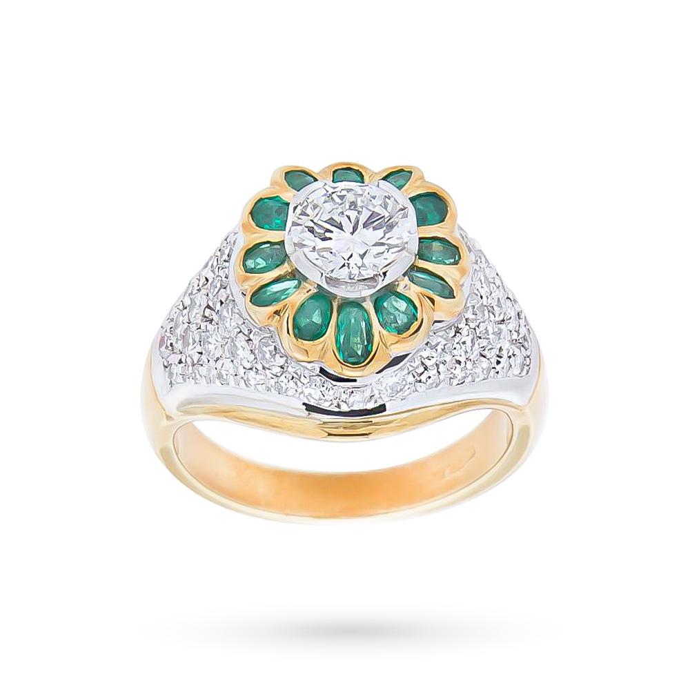 Yellow white gold band ring flower emeralds 0,75diamonds, 1.32 ct - CICALA