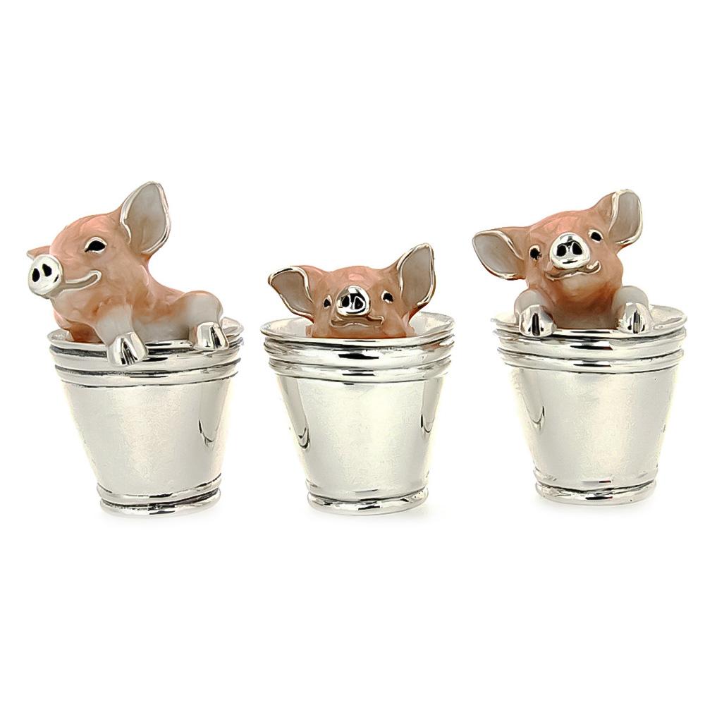 Trio of pigs in the bucket enameled silver ornament Saturno ST123 - SATURNO