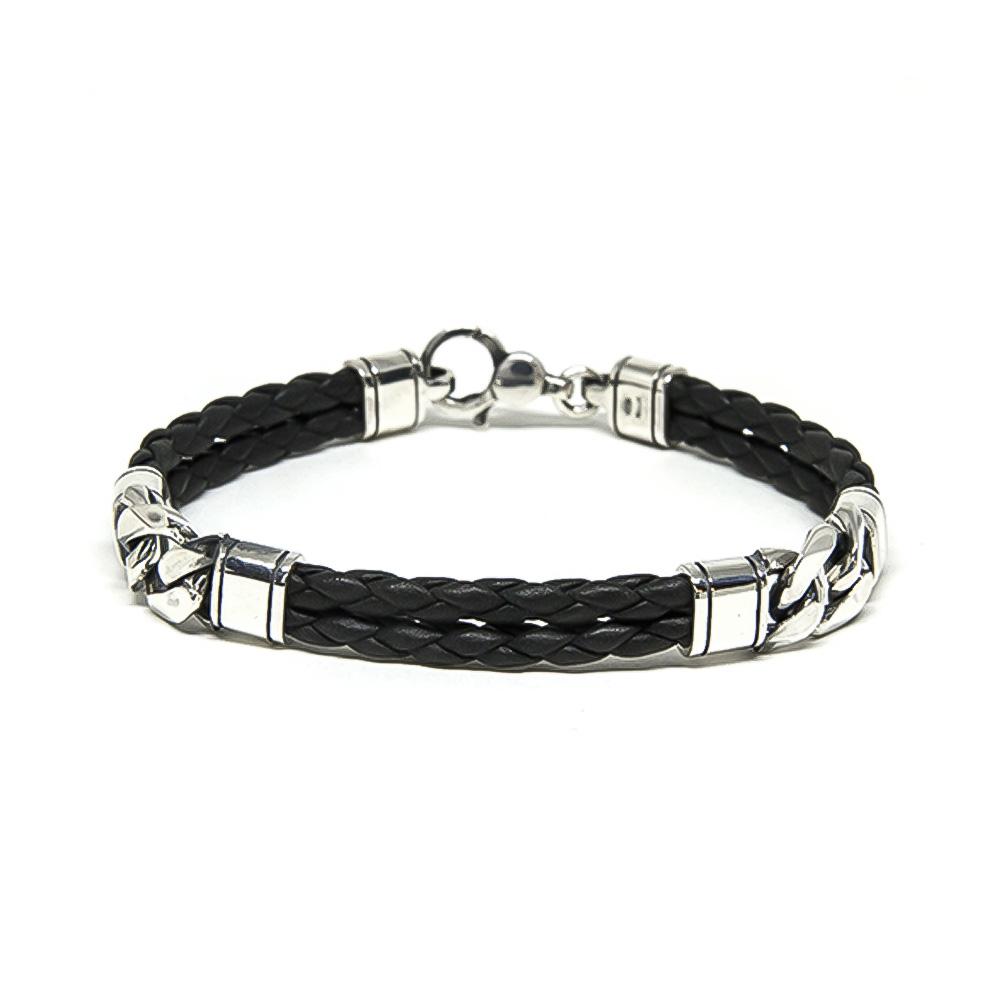 Two-element bracelet groumette mesh 925 silver and leather - VALENTINO DI LEONARDO