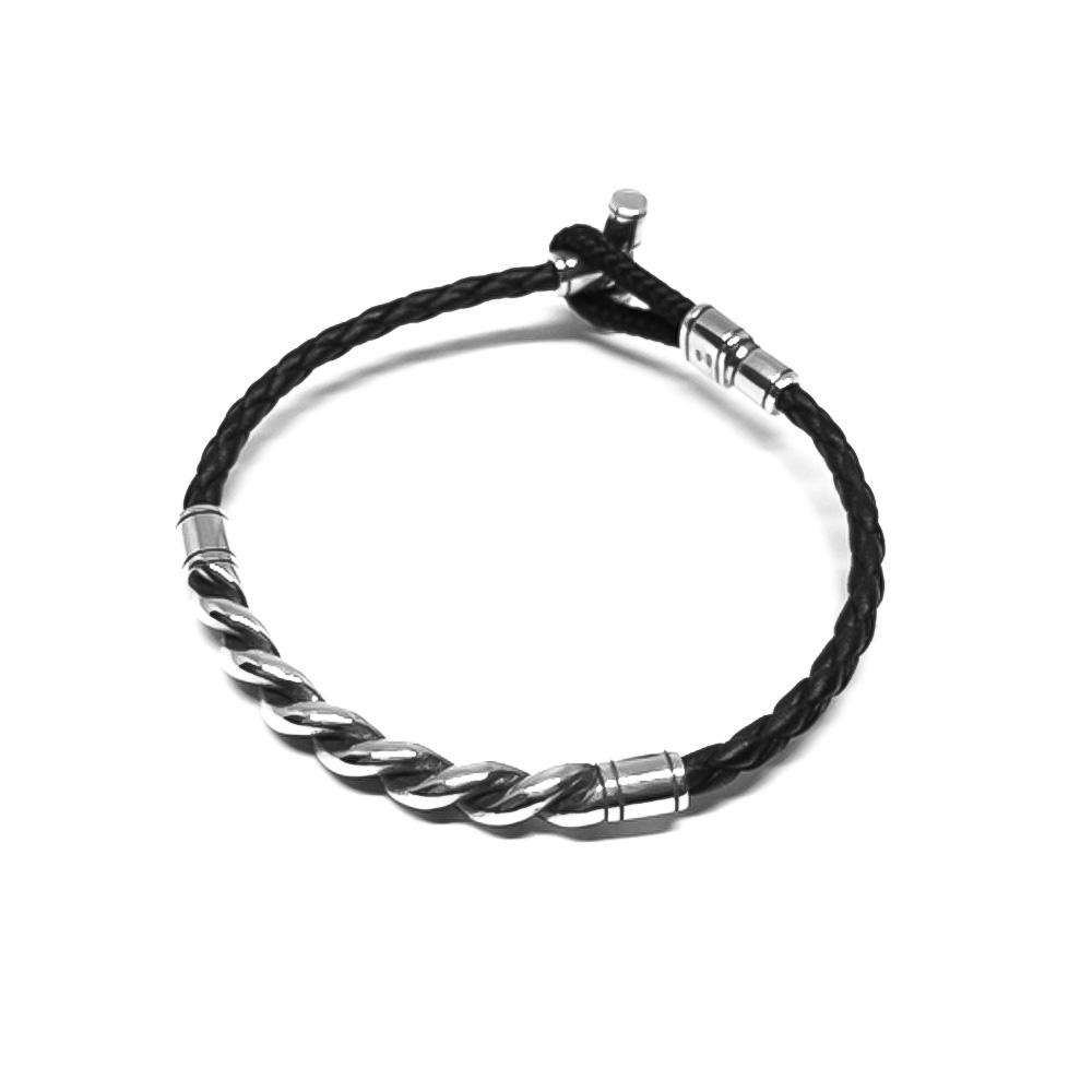 Bracciale placca e chiusura argento 925 e treccia pelle - VALENTINO DI LEONARDO