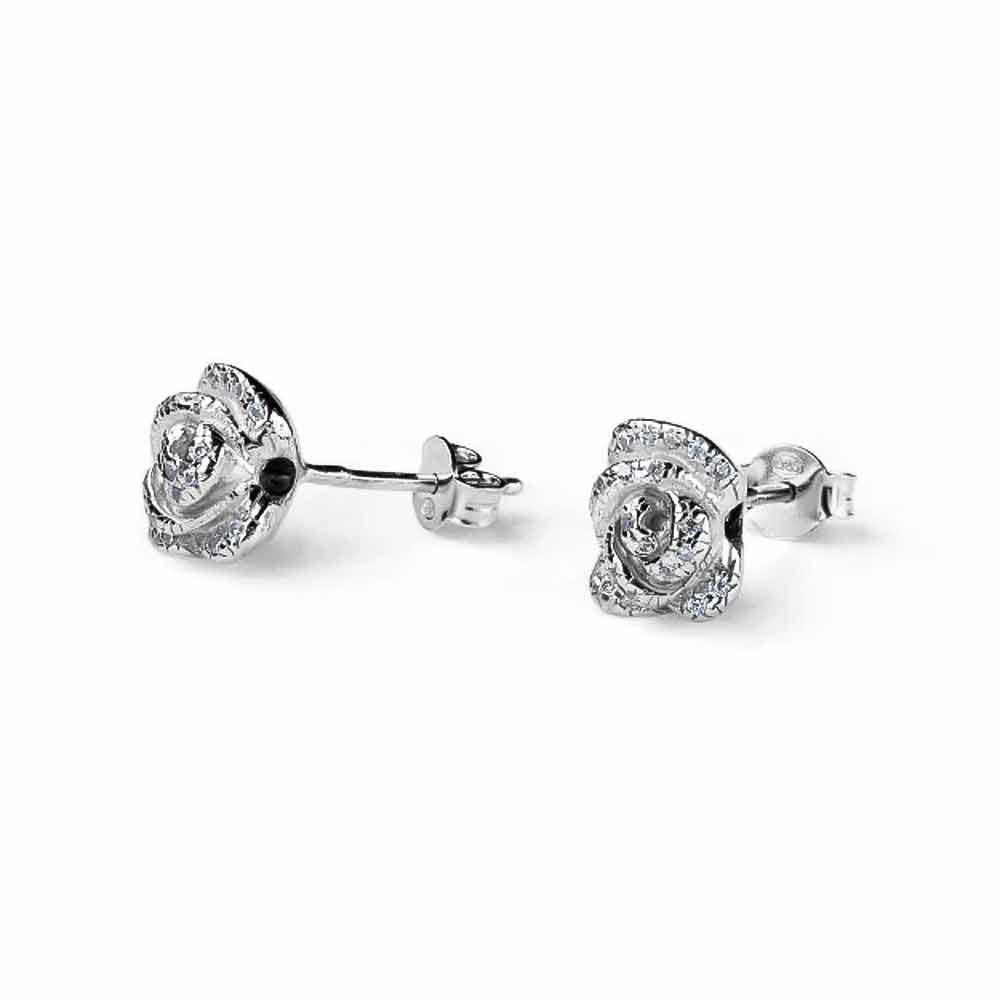 Women's silver rose-shaped stud earrings with crystals - MARIA CRISTINA STERLING