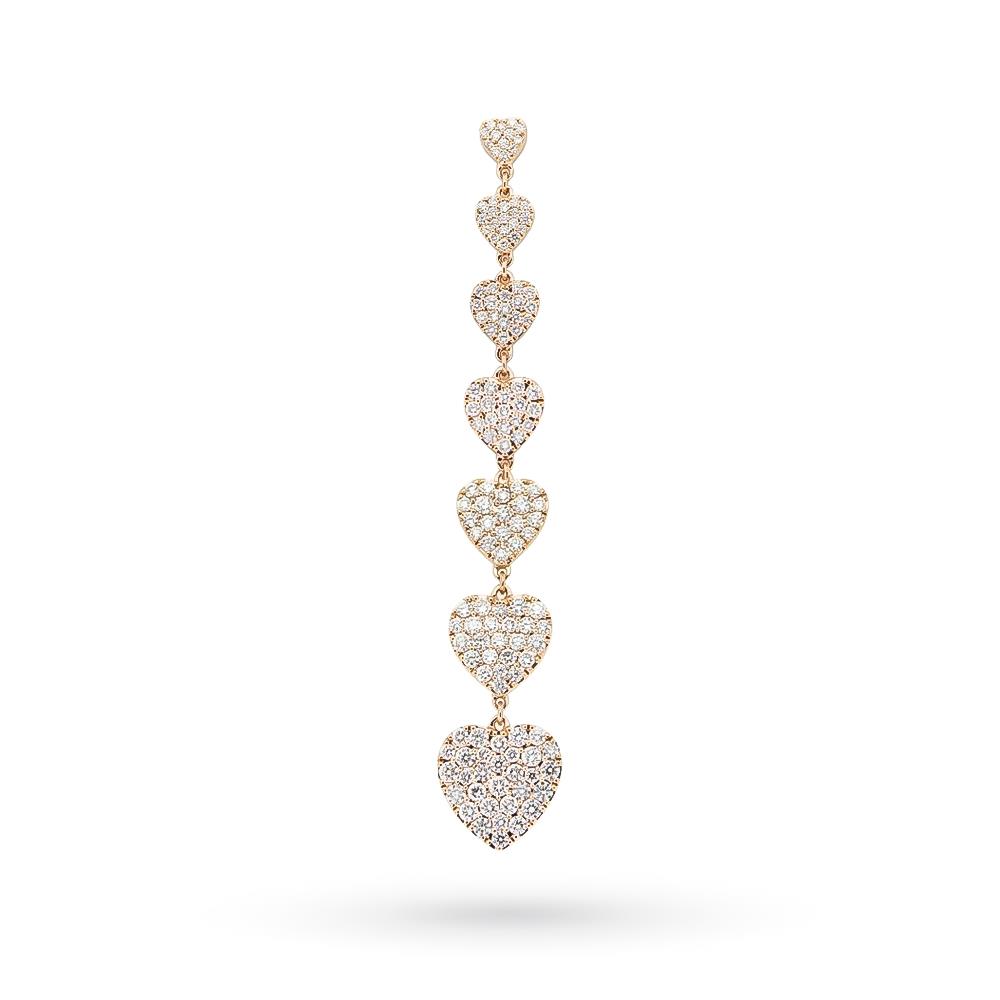 Pendiente único colgante de oro rosa con 7 corazones de diamantes 4,14 ct