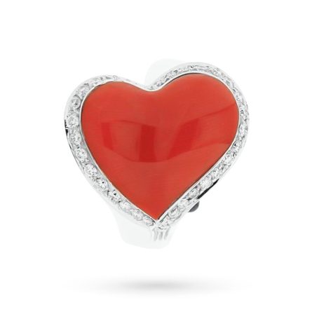 Anello cuore corallo rosso, contorno diamanti e zaffiro blu