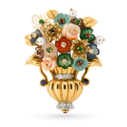 18kt yellow gold brooch flowerpot with gemstones