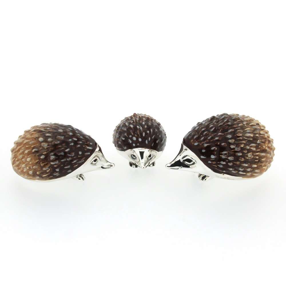 Hedgehogs family ornaments in silver and enamel