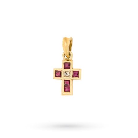 Colgante cruz pequeña oro amarillo rubí y diamantes