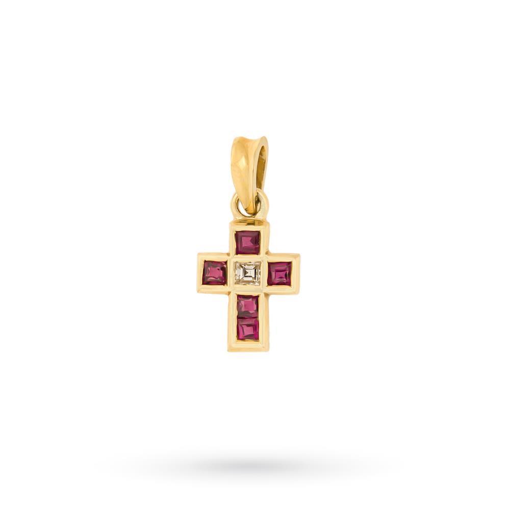 Colgante cruz pequeña oro amarillo rubí y diamantes