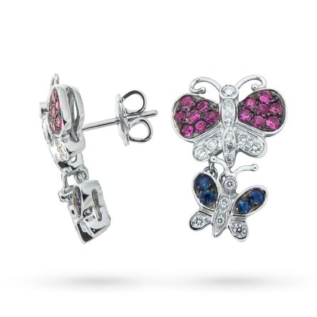 Orecchini oro bianco farfalle zaffiri blu, rosa e diamanti