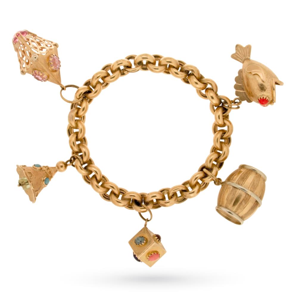Bracciale vintage maglia rolò oro giallo 5 ciondoli preziosi