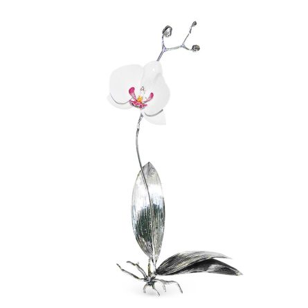 White orchid ornament in sterling silver and enamel 31cm