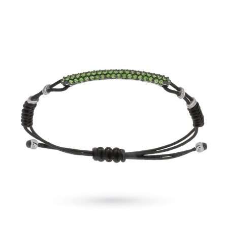 Bracciale con cordino nero, barretta in oro bianco e tsavoriti