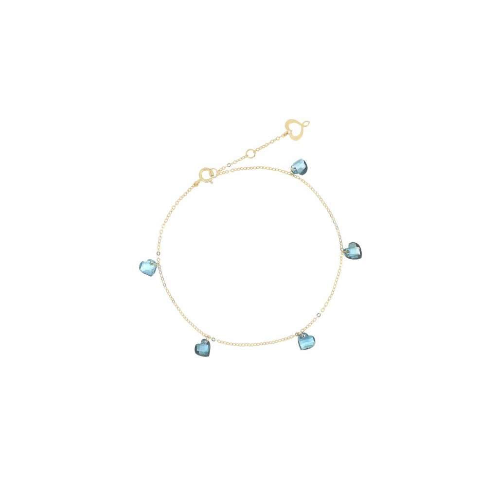Maman et Sophie 18kt gold bracelet with five London blue topaz hearts