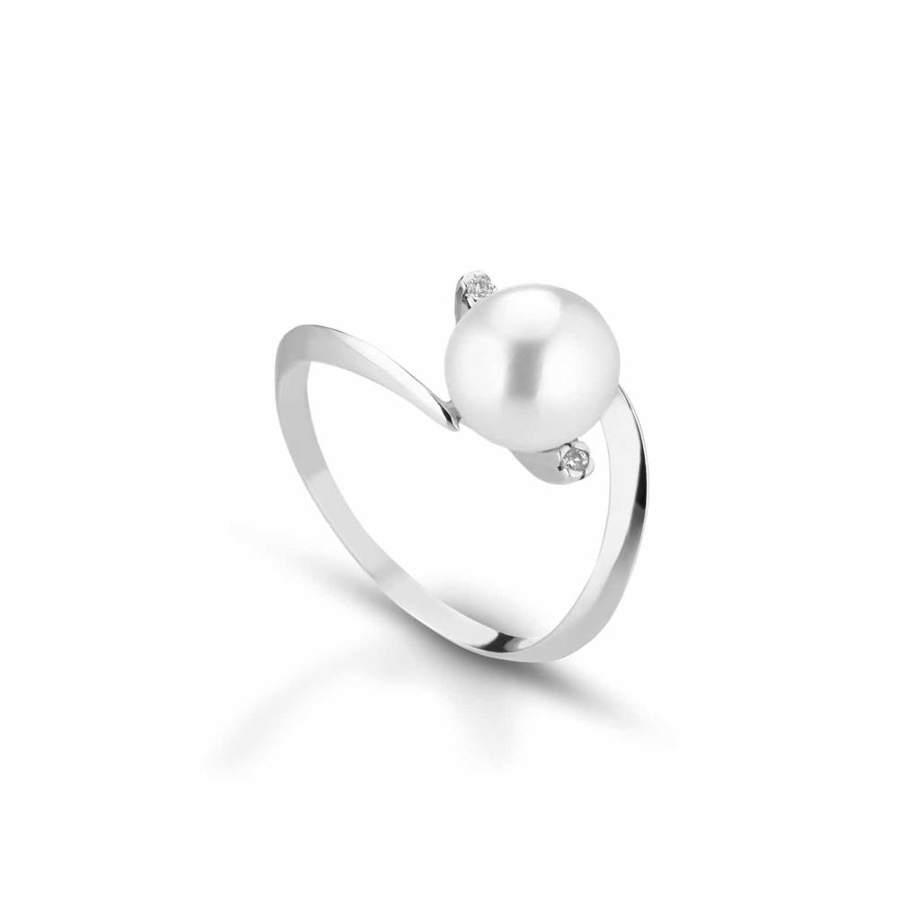 Anello con perla coltivata in oro 18kt con diamanti 0,02ct Ø 7,5-8 mm