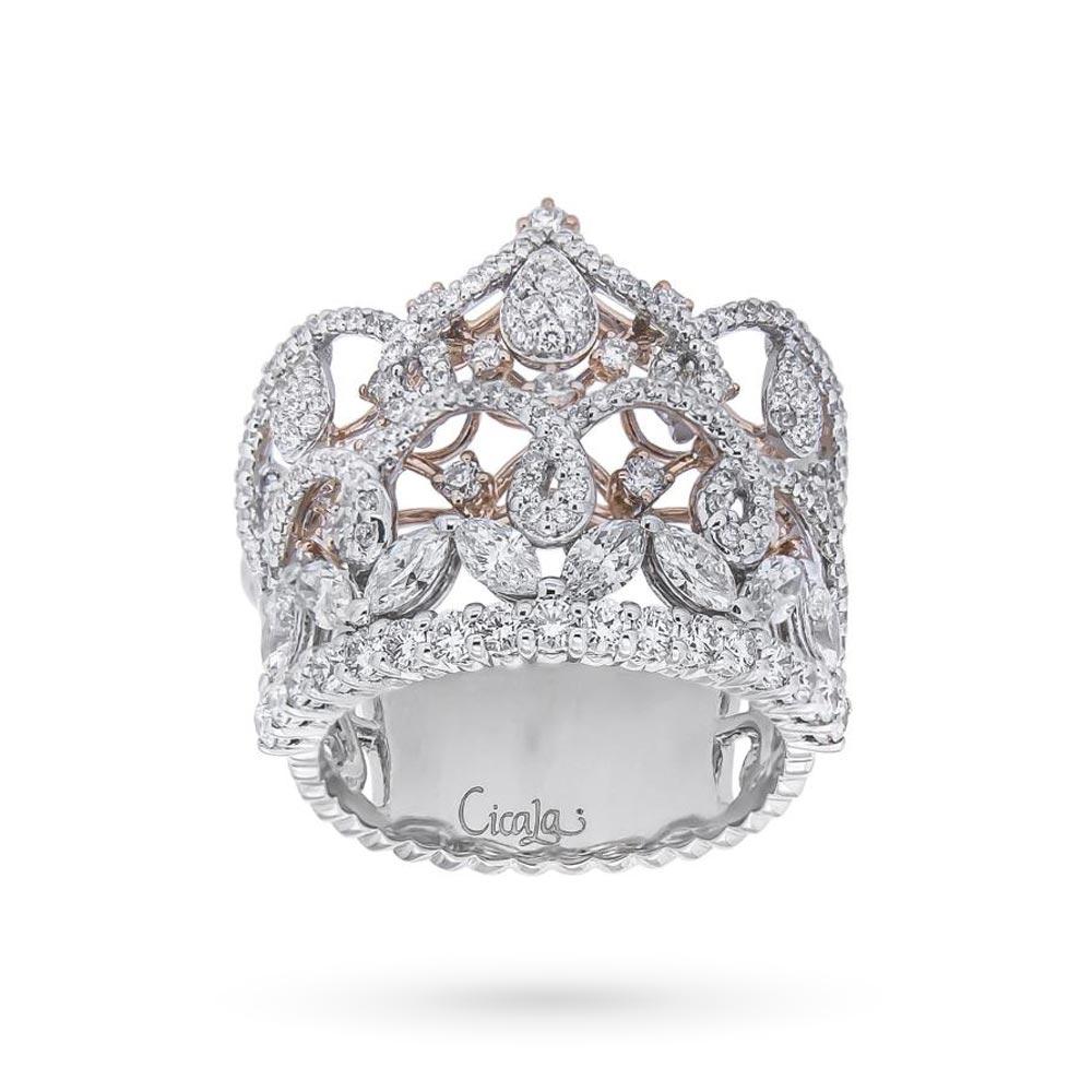 Anello corona d'oro bianco e rosa con diamanti 1,35ct