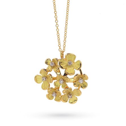 Quaglia yellow gold necklace with a bouquet of satin-finished brilliant flowers 0.14 ct