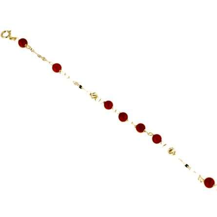 Pulsera de niña en oro amarillo con esferas de coral 14 cm