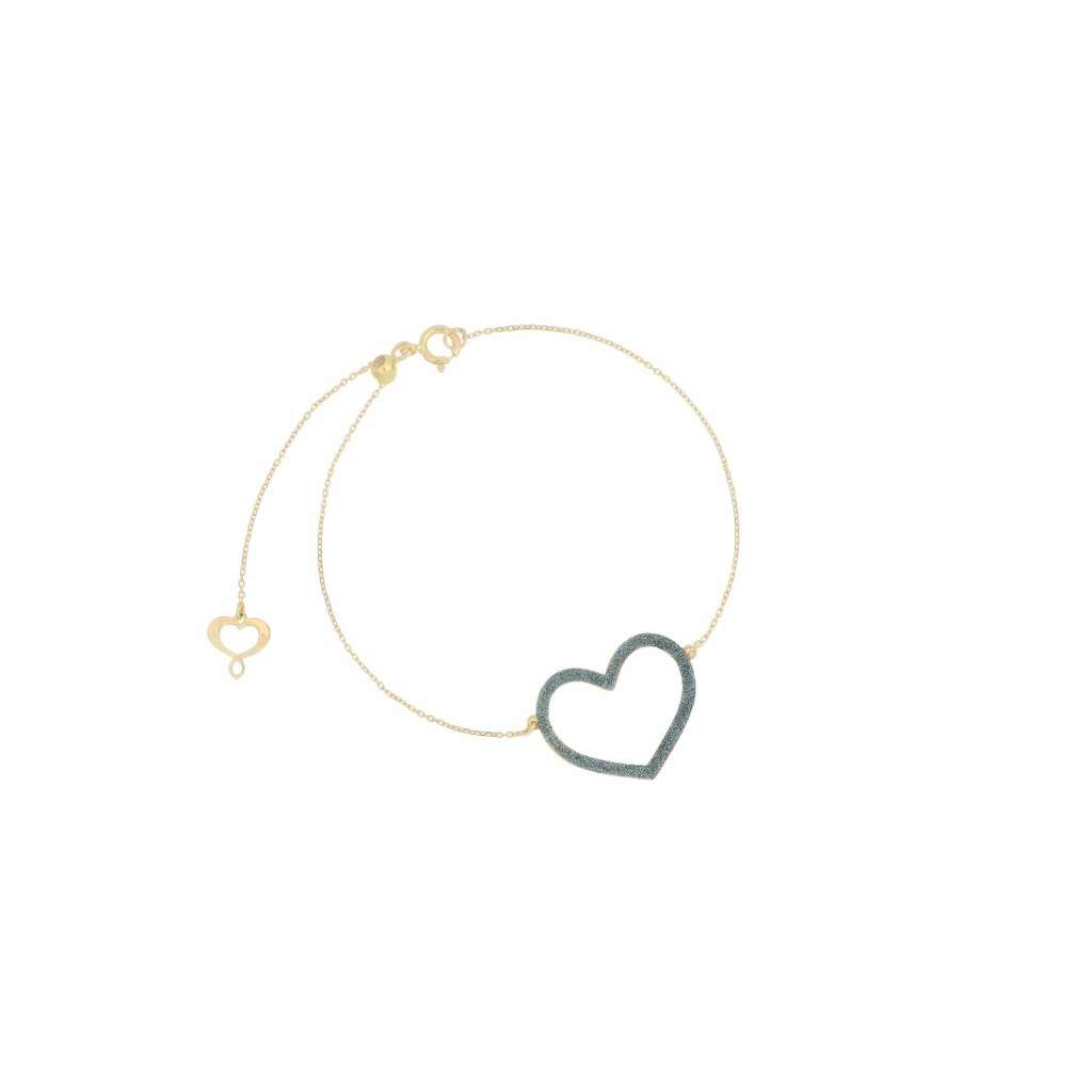 Bracciale Maman et Sophie oro giallo cuore centrale traforato polvere diamanti celeste 17x15 mm