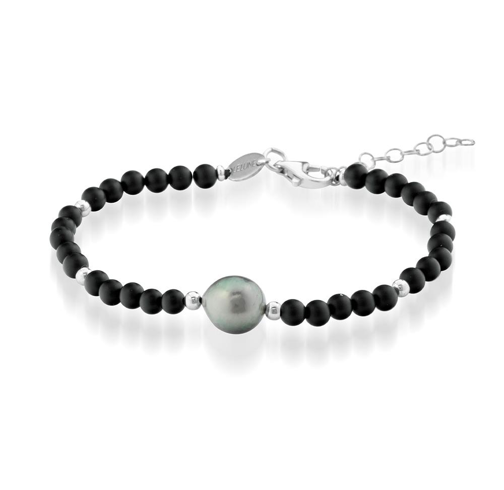 Bracelet black agate satin silver Tahitian pearl 17cm