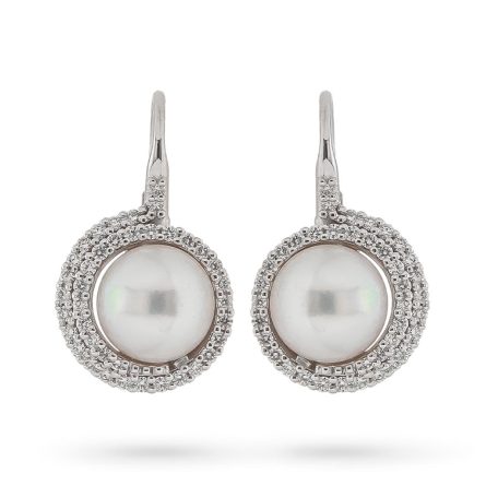 Pendientes espirales de oro blanco con diamantes 0,76ct perlas Ø10mm