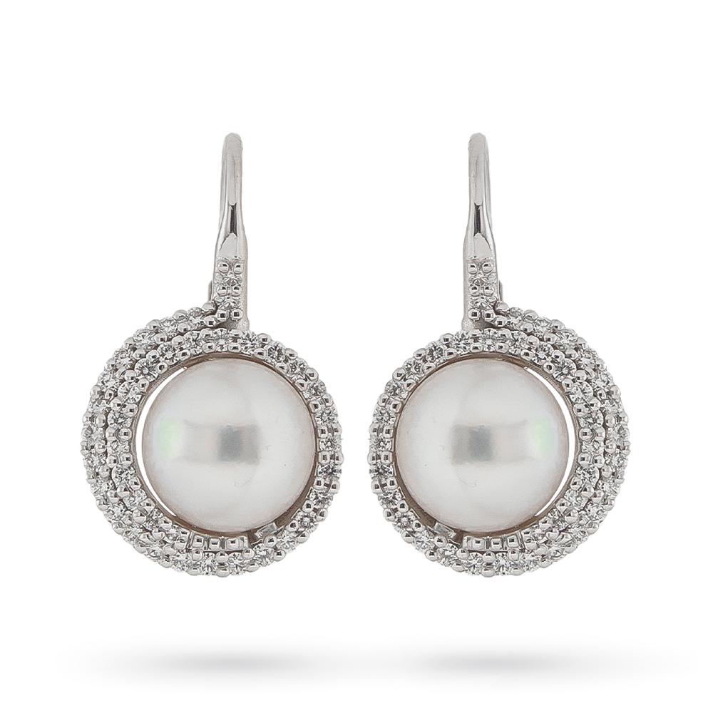 Pendientes espirales de oro blanco con diamantes 0,76ct perlas Ø10mm