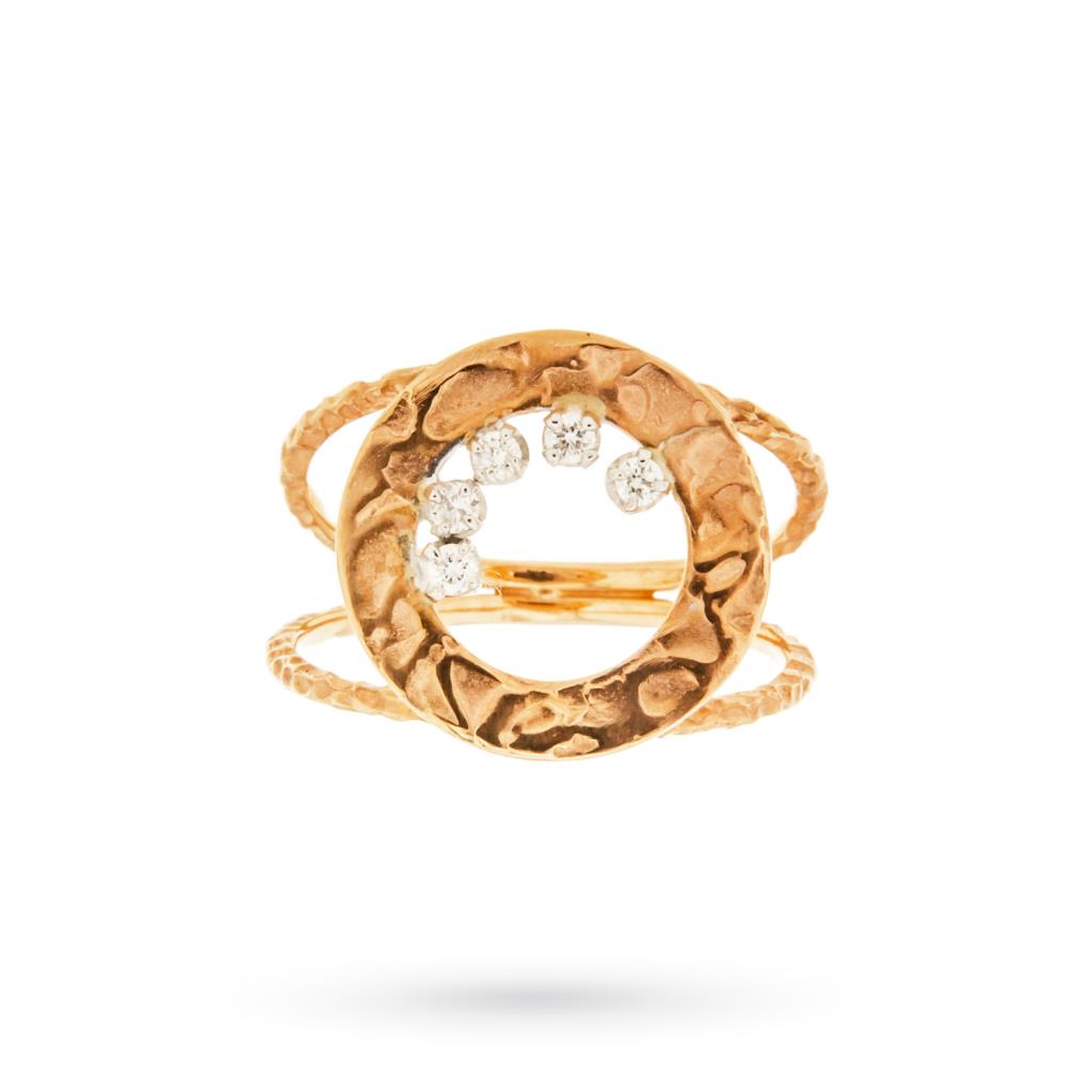 18kt rose gold hammered disc ring 4 diamonds 0.10ct