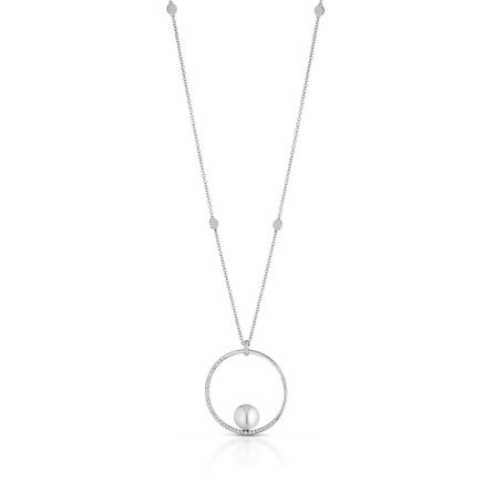 Collana ciondolo cerchio in oro con perla Ø 9mm e diamanti