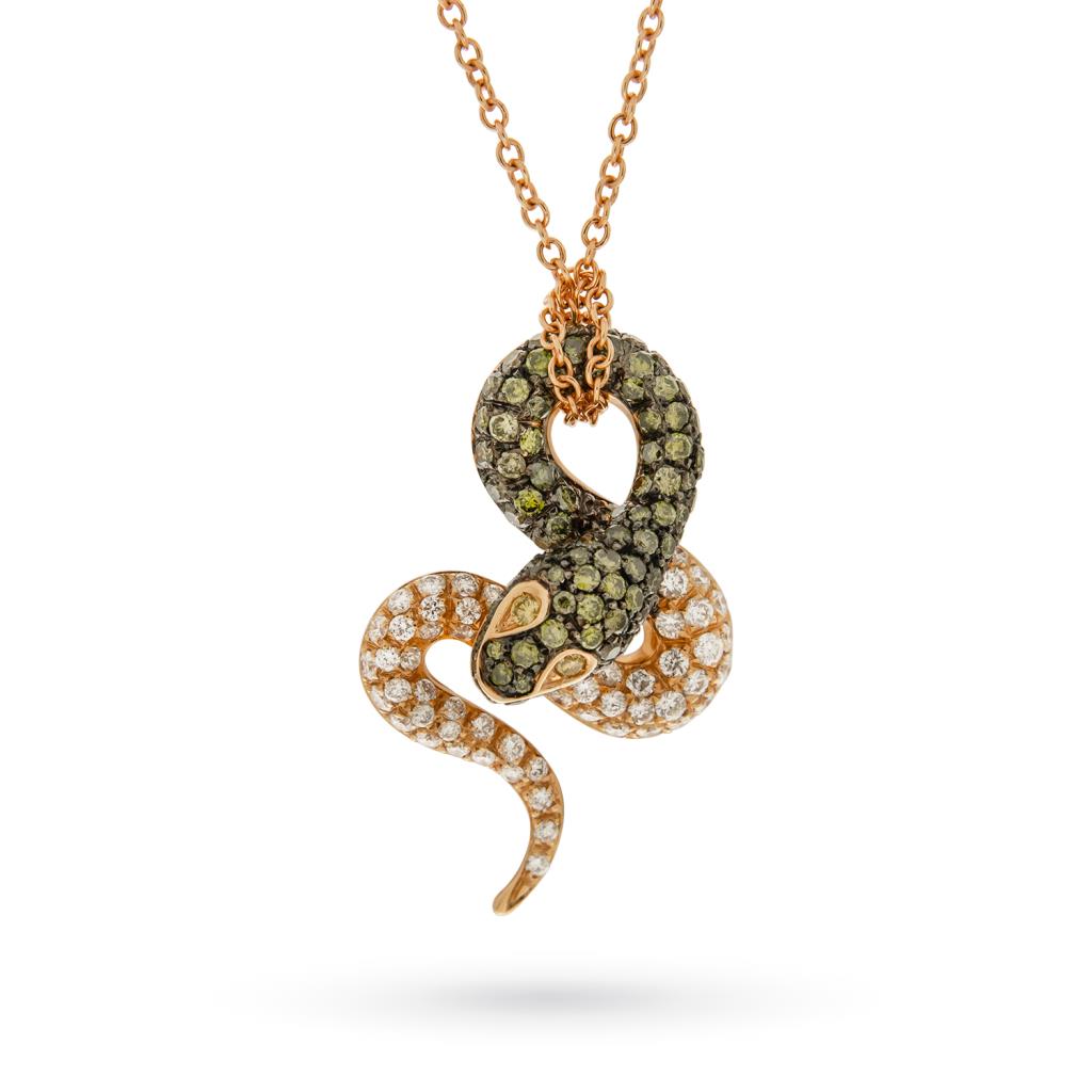 Collar serpiente en oro rosa con diamantes verdes blancos