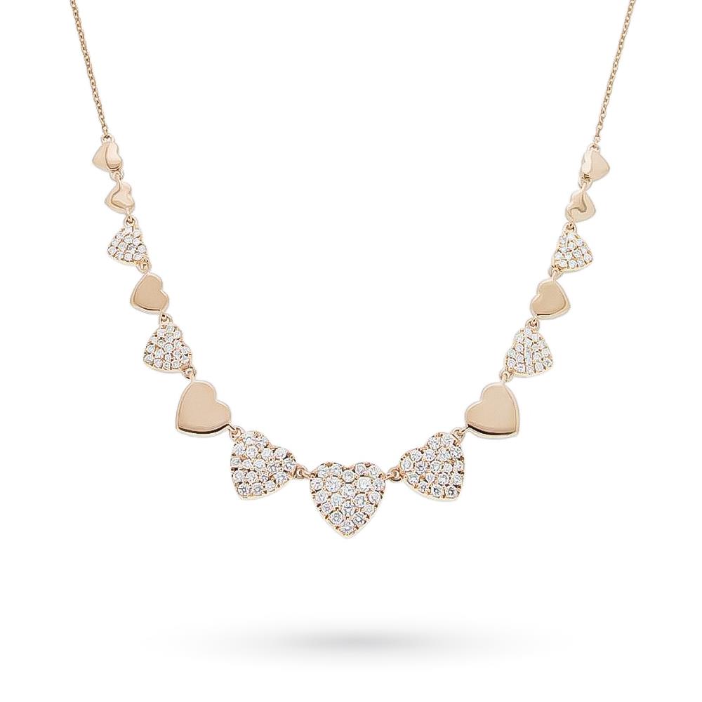 Collar de oro rosa con corazones lisos y pavé de diamantes de 1,11ct