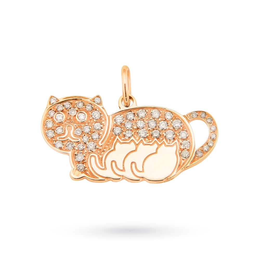 Colgante madre gata y cachorros en oro rosa y diamantes