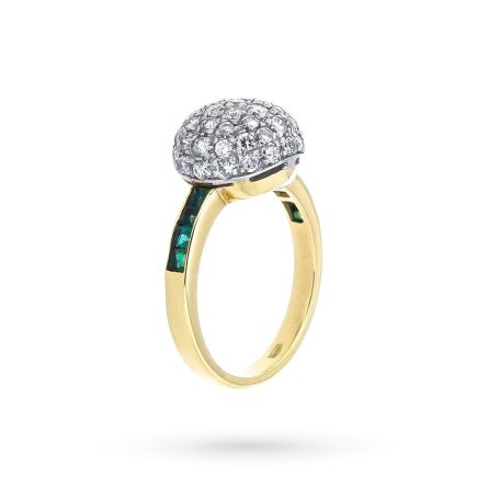 Anello oro giallo pavè diamanti 1,11ct gambo smeraldi 0,60ct