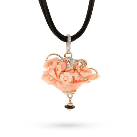 Coral pendant necklace flowers basket gold onyx diamonds 44cm