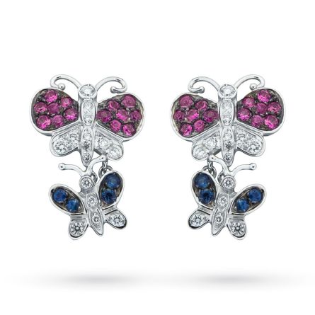 Orecchini oro bianco farfalle zaffiri blu, rosa e diamanti
