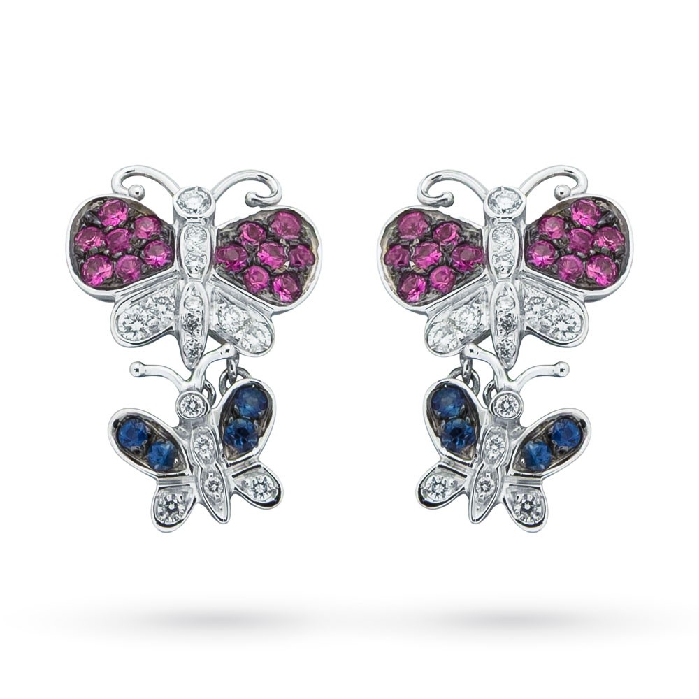 Orecchini oro bianco farfalle zaffiri blu, rosa e diamanti