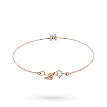 Pulsera fina de oro rosa con letra M y diamantes