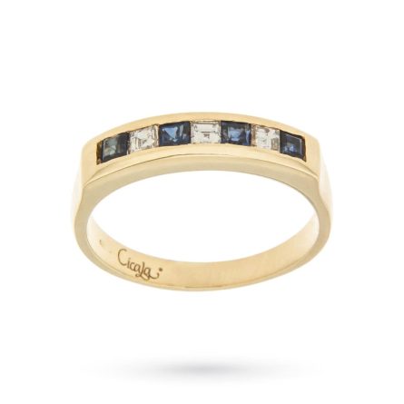 Sortija Riviera en oro amarillo con zafiros y diamantes carrè