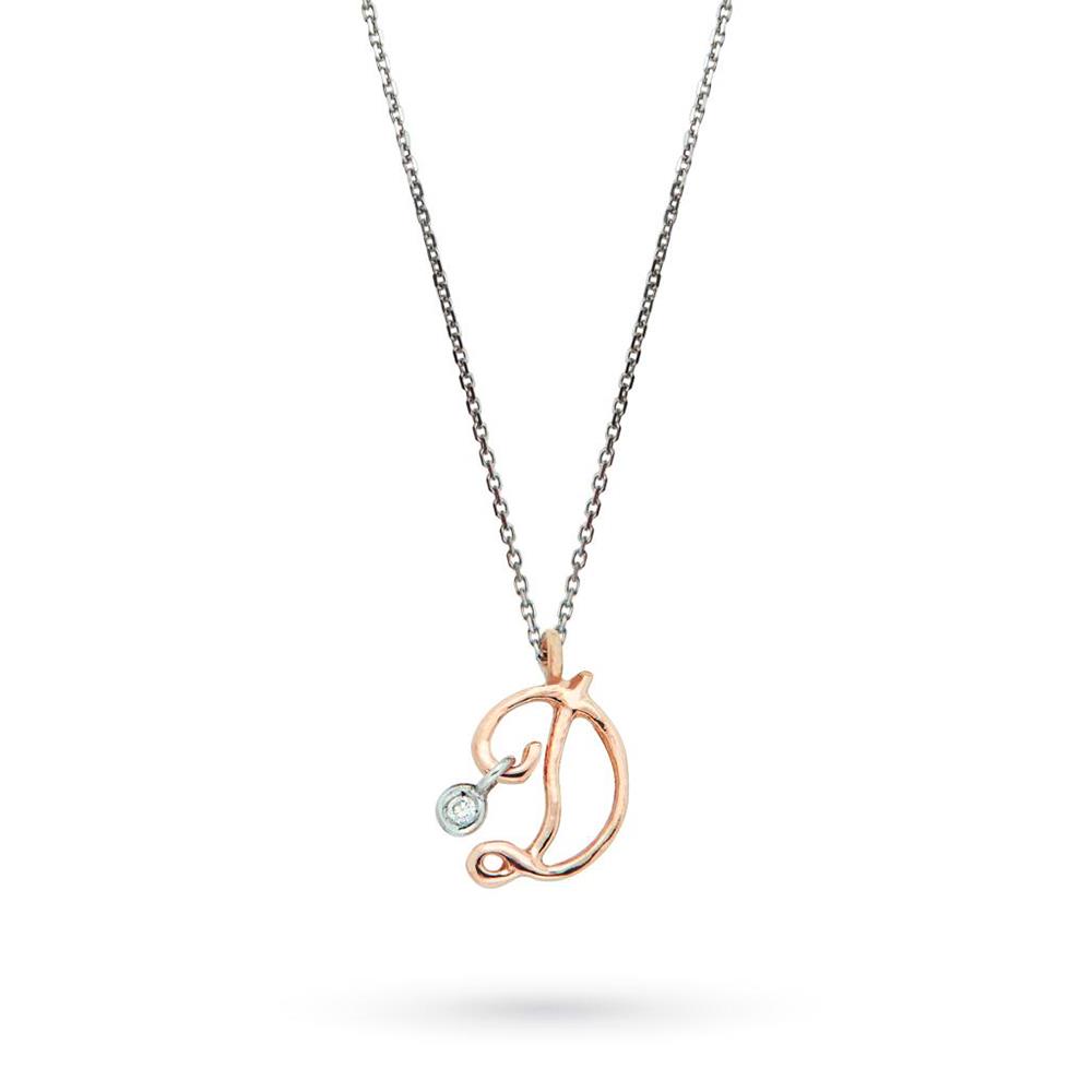Necklace D italics letter diamond rose white gold 42cm