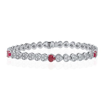Pulsera tenis de oro blanco con corazones de rubí 2.65ct diamantes 1.65ct