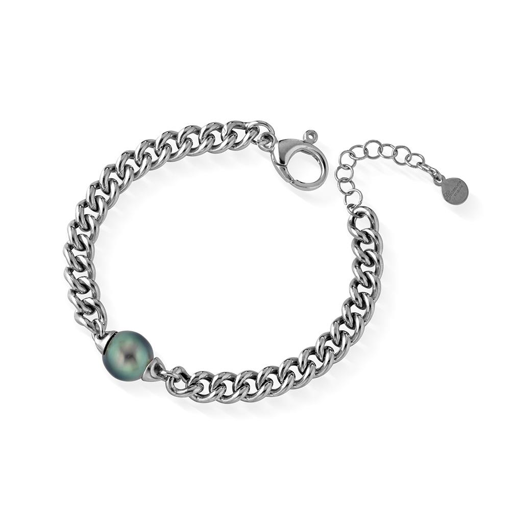 Pulsera de cadena de plata blanca bruñida con perla de Tahití 17cm