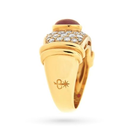 Anello Torrini oro giallo rubino cabochon 2,10ct diamanti 1,16ct